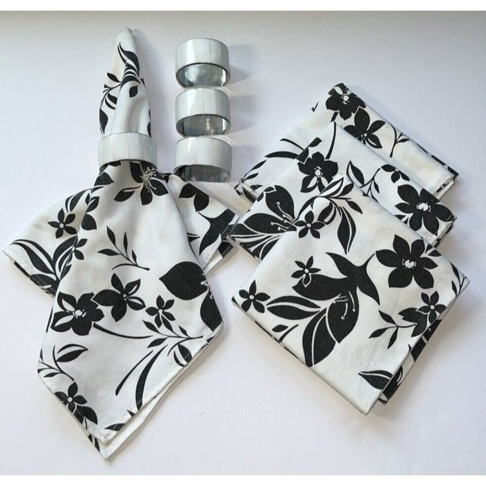 Set Of 4 Napkins & Rings Metal Enameled Cotton Black White 20” X 20” Tab…